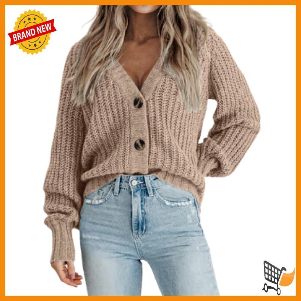 Chunky Knit Cardigan V-Neck Button Front Loose Fit Sweater